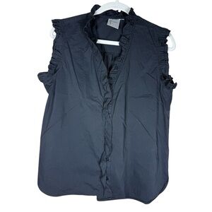 Finley Black Silky Poplin Sleeveless Ruffle Neck Button-Down Blouse Sz M